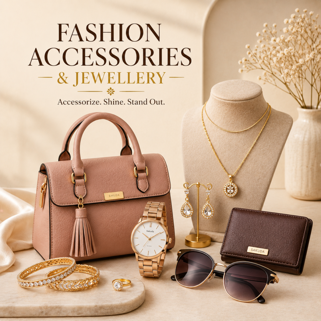 Premium Fashion Accessories & Jewellery collection featuring handbags, wallets, watches, sunglasses and elegant jewellery at Sakuda Fashion & Lifestyle Store.