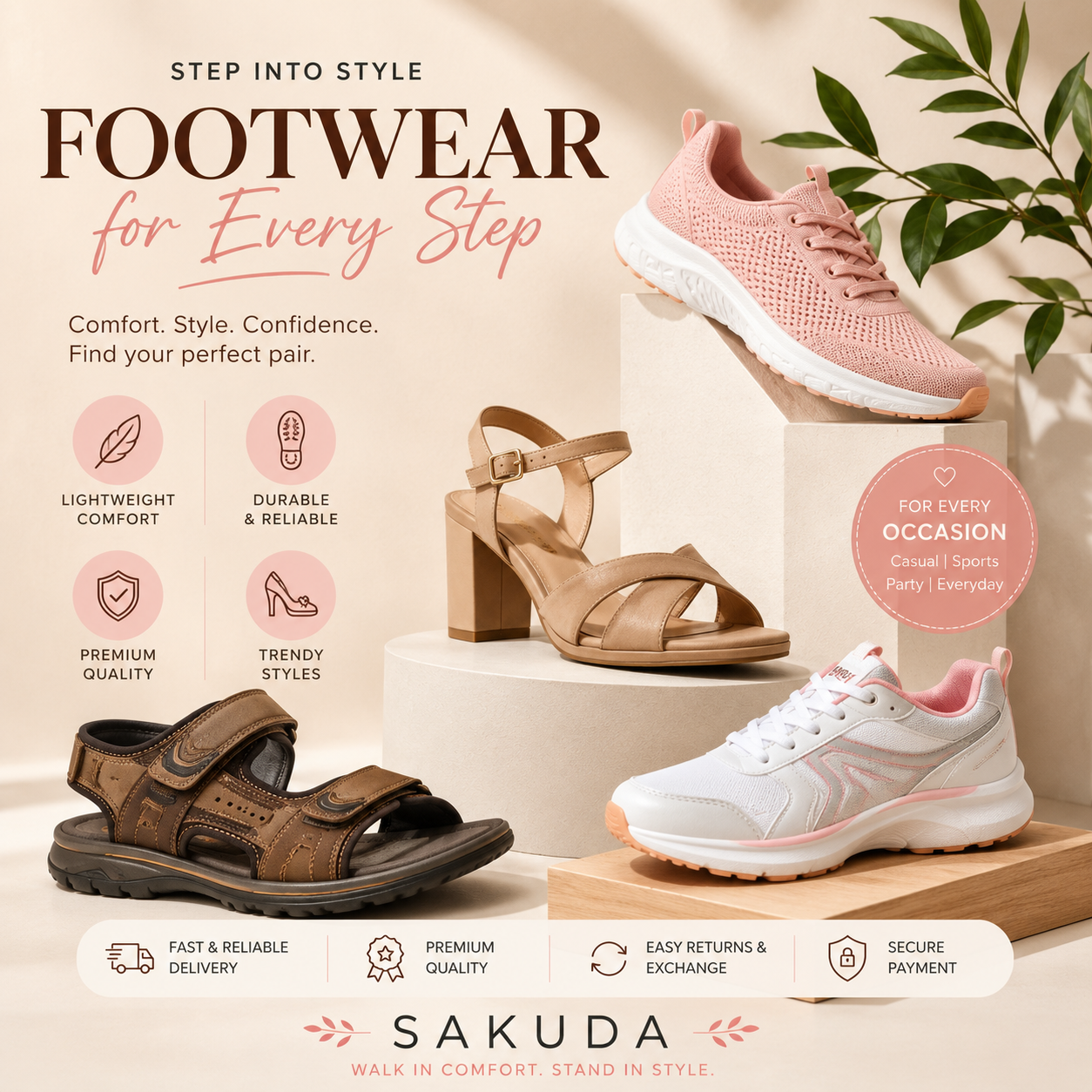 Premium fashion collection featuring women's dress, denim jacket, handbag, white sneakers, folded clothing, and stylish accessories on a beige background for Sakuda Fashion & Lifestyle Store.