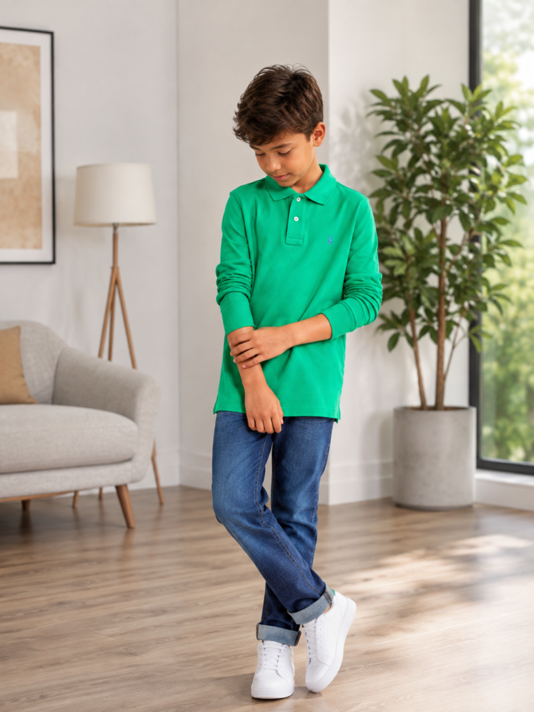 Kids green polo T-shirt with boy wearing jeans and white sneakers