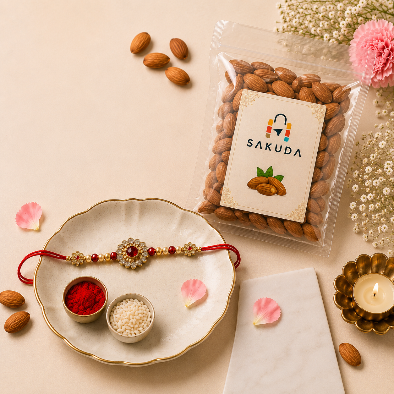 Premium Rakhi with Badam almonds gift pack arranged on a festive table for Raksha Bandhan by Sakuda.